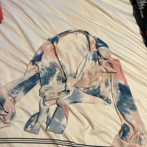 Tie dye satin tie top. Cropped. Open tied front.
